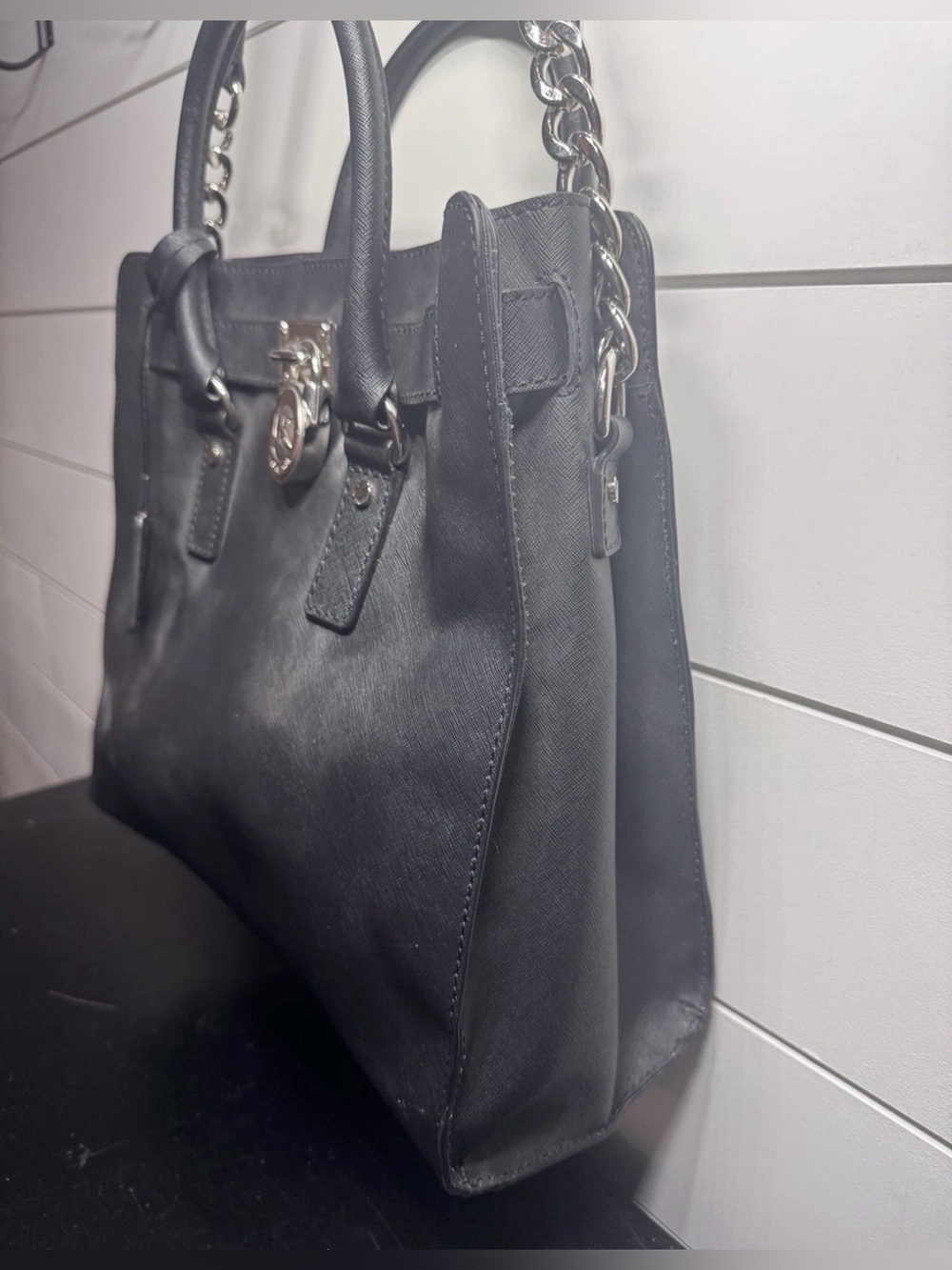 Michael Kors Hamilton Large Satchel Purse Black Saffiano Leather Silver Hardware - Picture 2 of 10